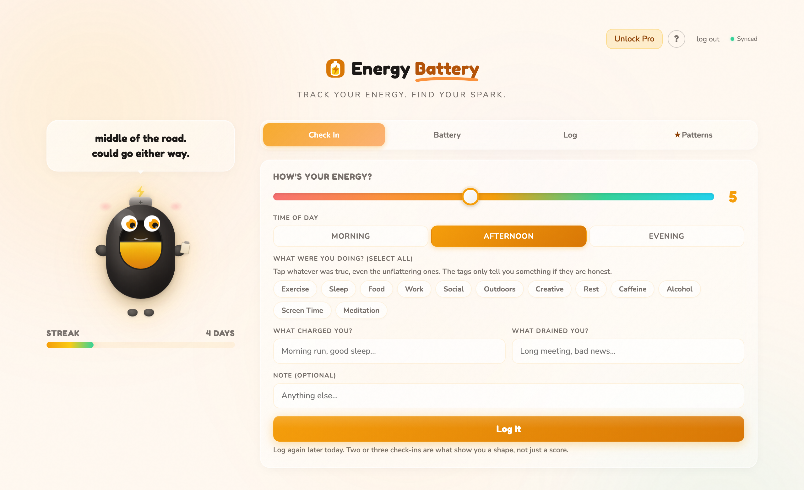 The Energy Battery app showing Watt the battery character with a charge level, next to the check-in form with an energy slider