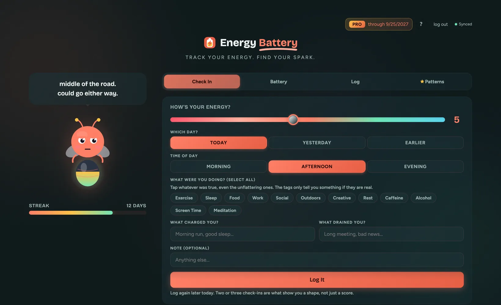 The Energy Battery app showing Glow the firefly with her tail lit to the day's charge level, next to the check-in form with an energy slider
