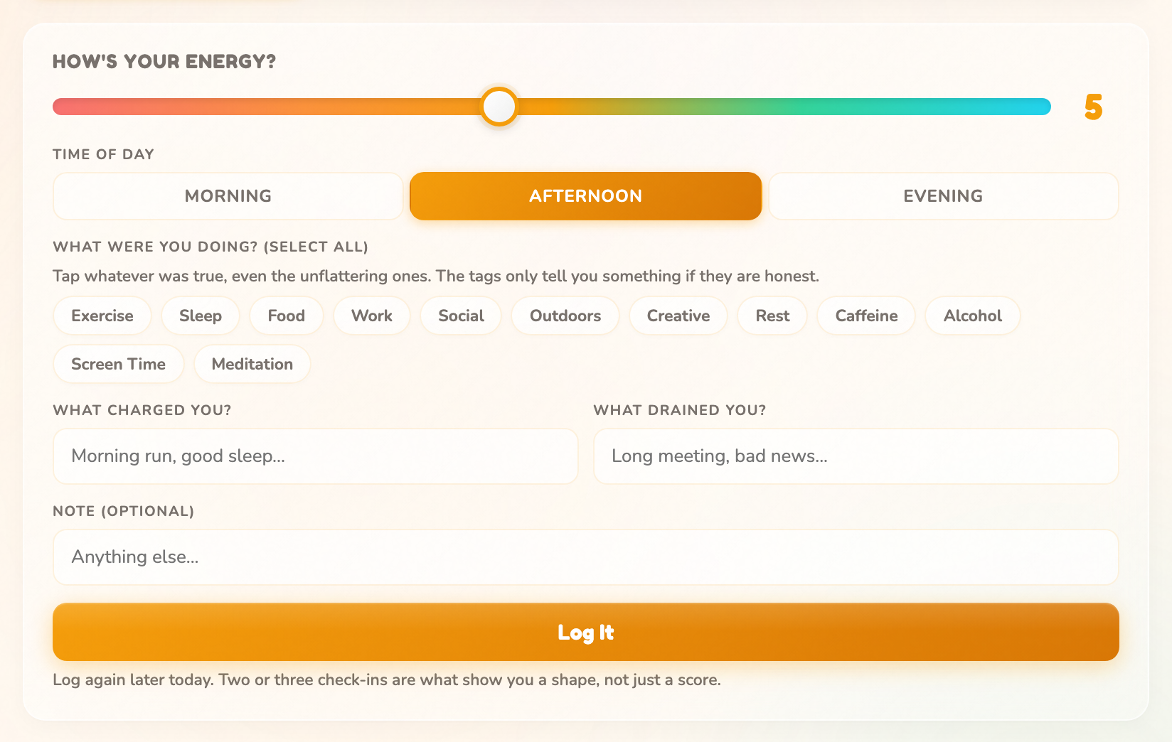 The Check In tab with the energy slider, time of day buttons, activity tag pills, and the charged and drained fields