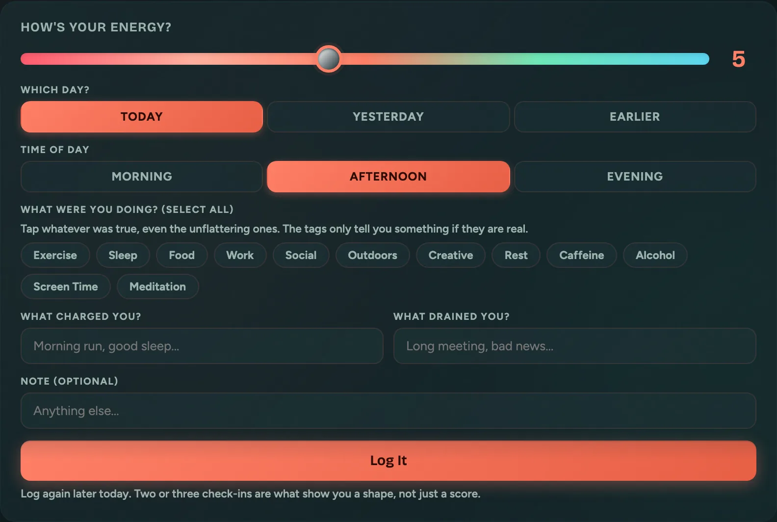 The Check In tab with the energy slider, time of day buttons, activity tag pills, and the charged and drained fields